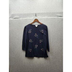 Loft Outlet Womens XL Navy Sweater With Floral Embroidery 3/4 sleeve